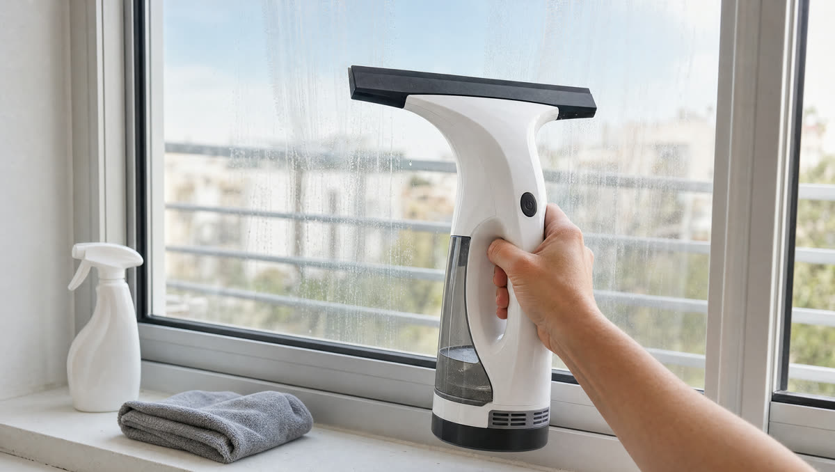 בקבוק ריסוס ומטלית על אדן החלון, ו־CLEARER שואב את המים מהזכוכית