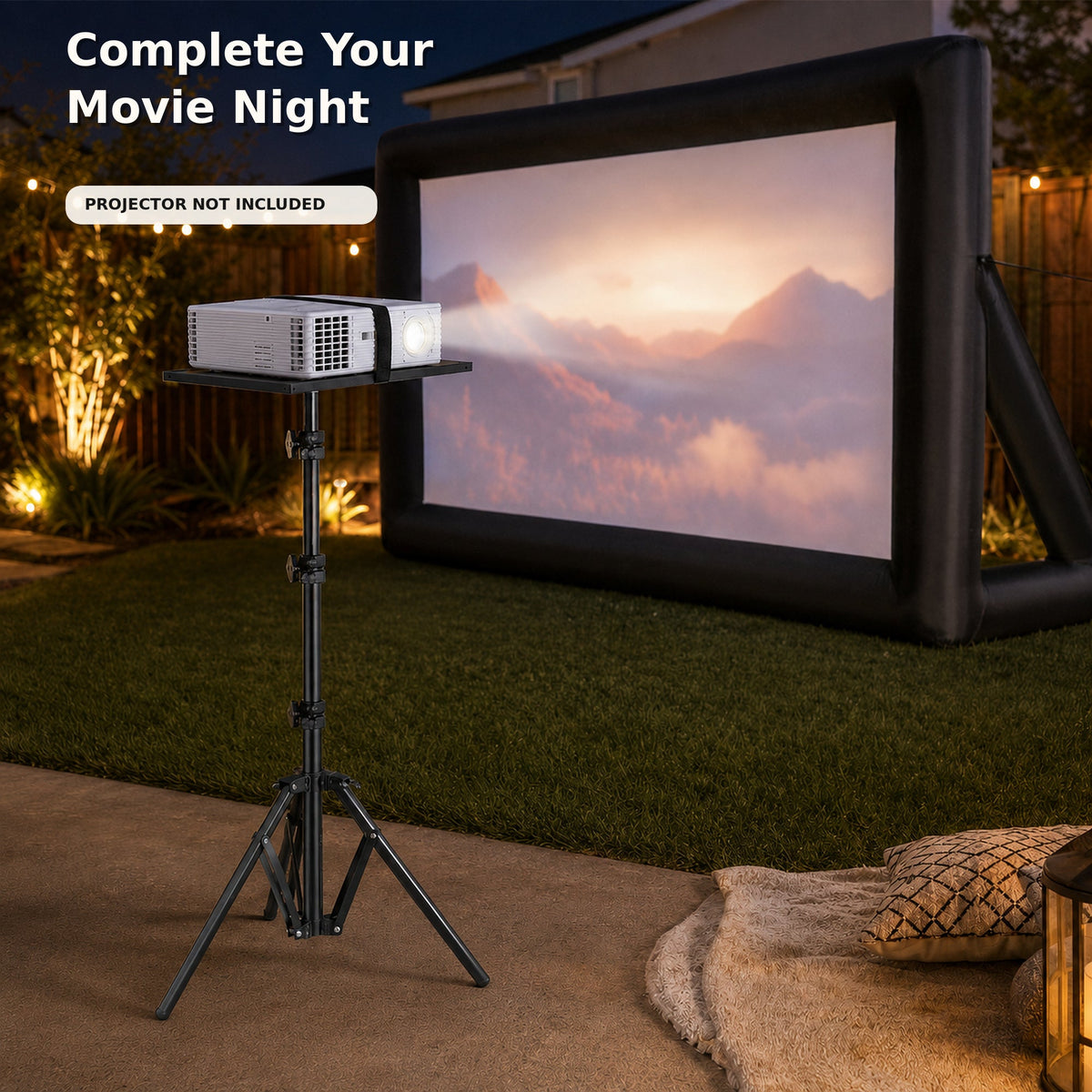 Portable projector stand used with Cubey AirCinema during a backyard movie night