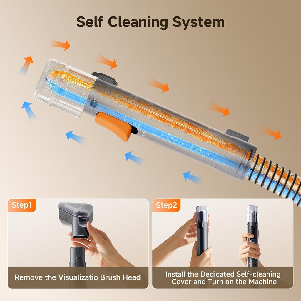 Cubey SteamLift shown with cleaning solution bottle