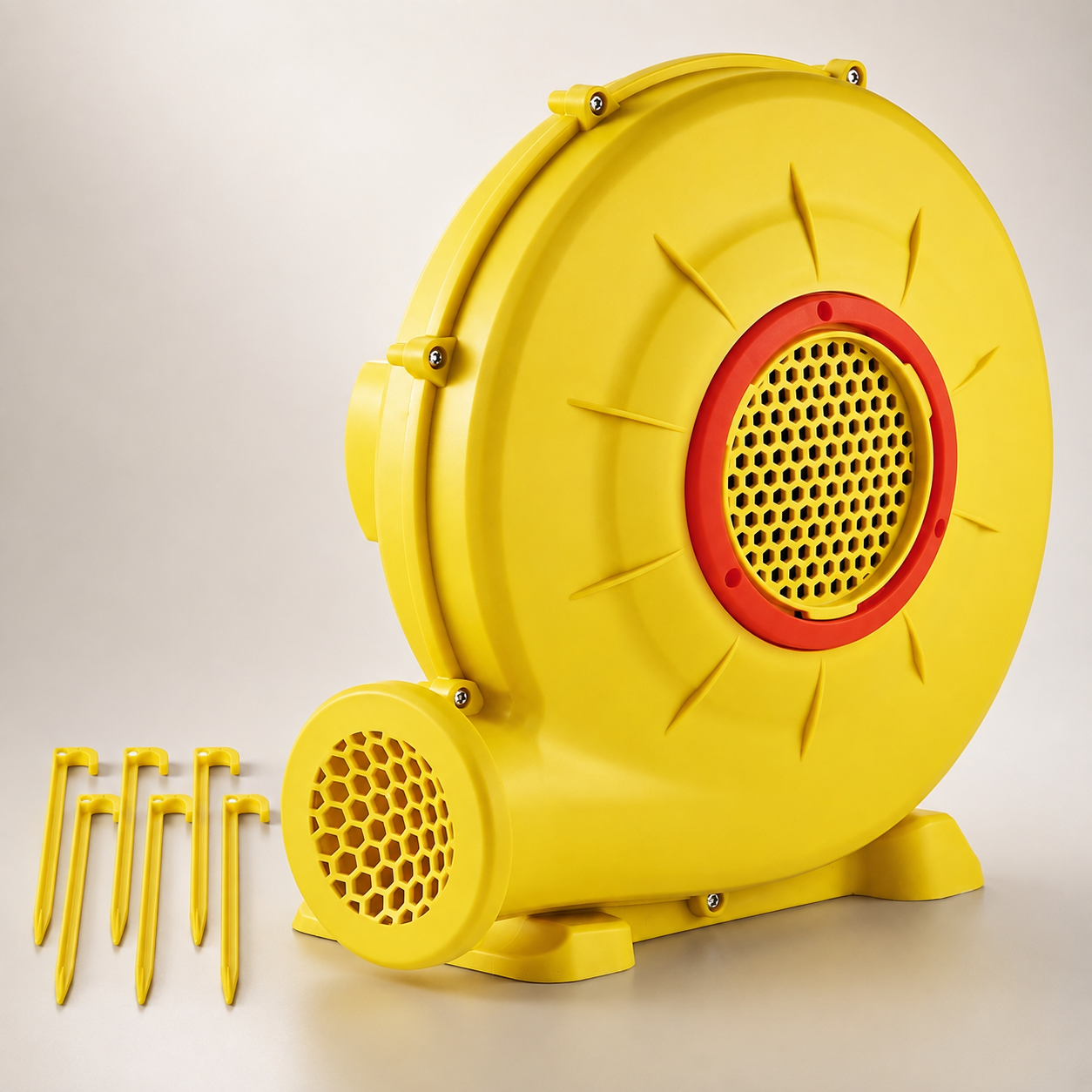 Cubey AirBlower features: 450W motor, reinforced grille, carry handle, plug-in power, non-slip base