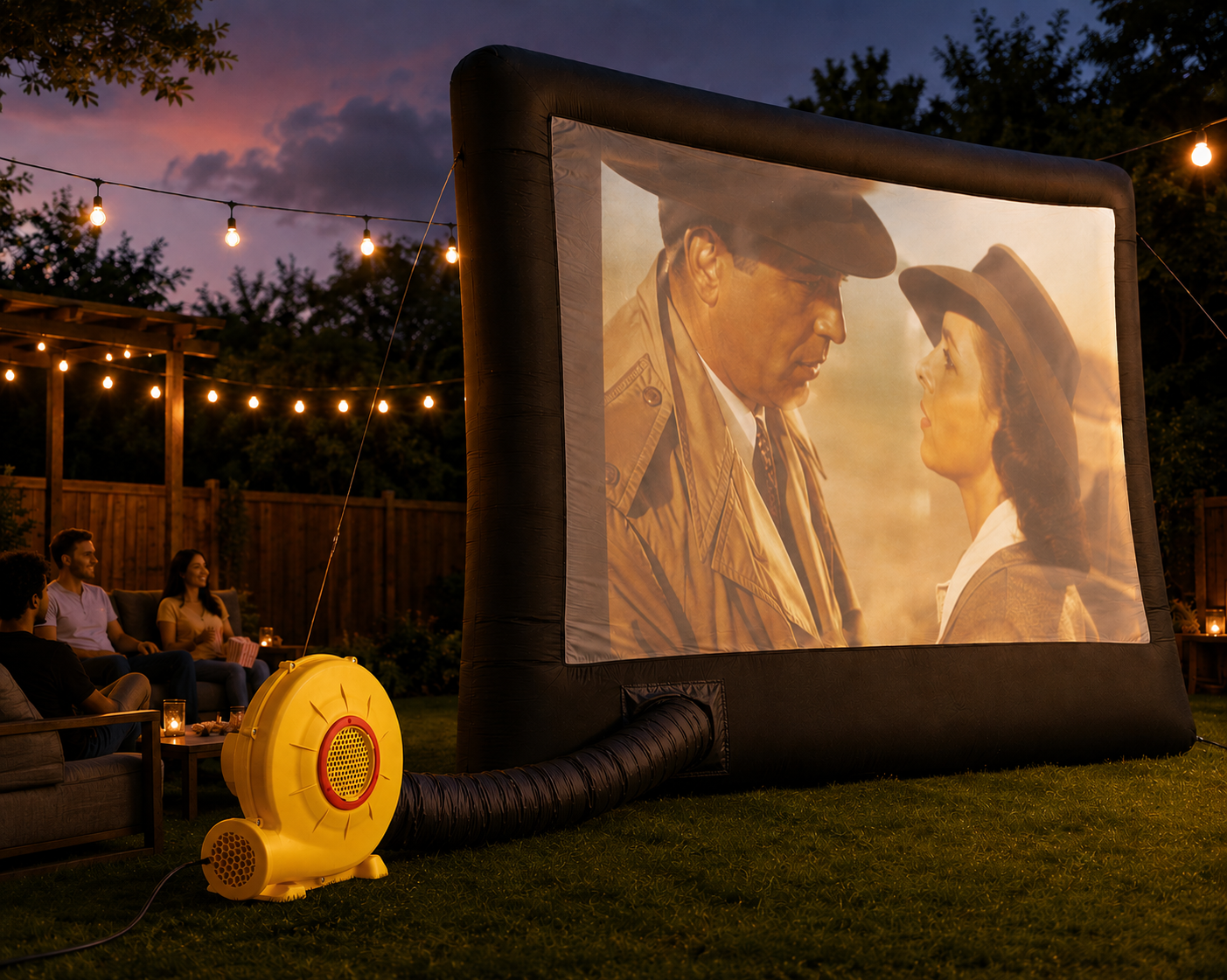 Cubey AirBlower powering an inflatable outdoor movie screen at a backyard movie night