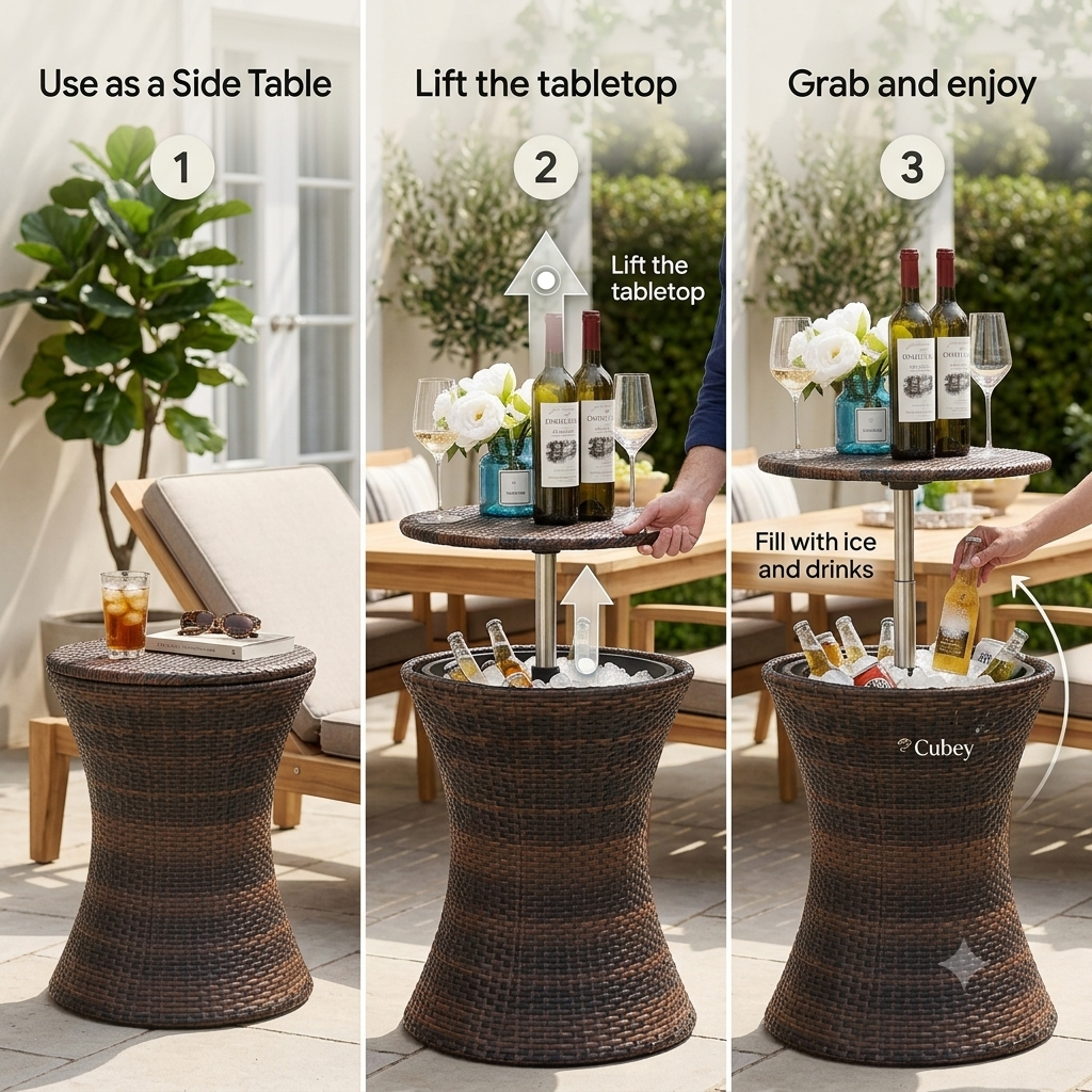 Cubey Hidden Cooler Table open with ice and cold drinks