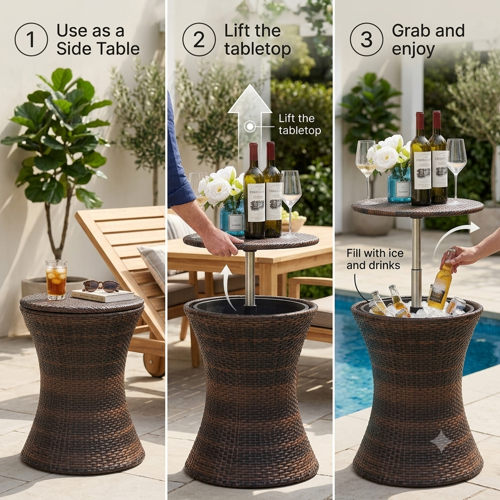 Cubey Hidden Cooler Table used as an outdoor side table