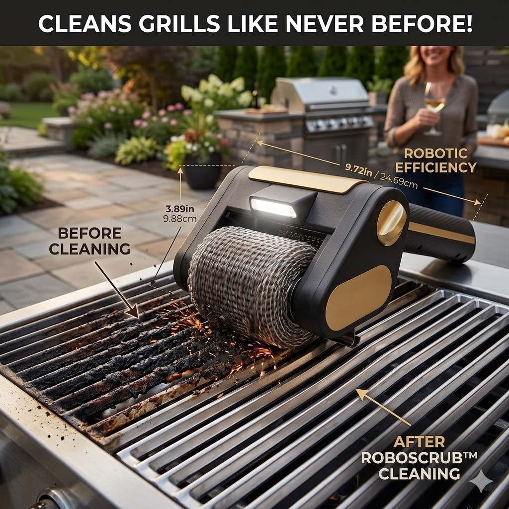 Reusable cordless grill cleaning brush with replaceable roller option