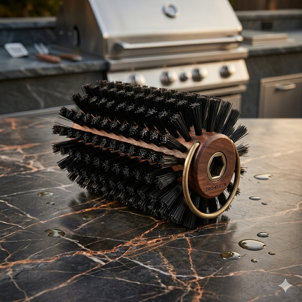 Compact grill cleaning brush for grease and burnt on food residue
