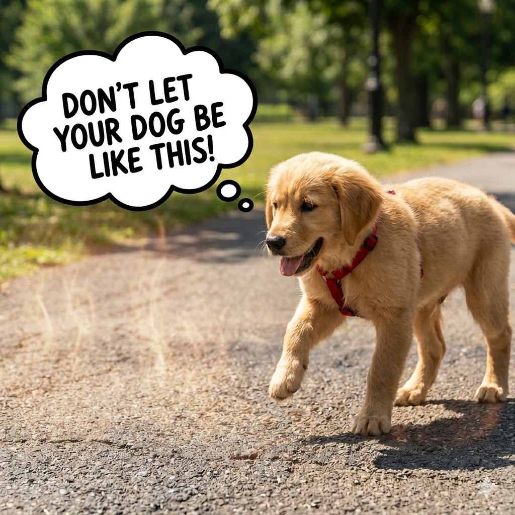 Dog wearing Cubey SafeStroll paw protection pads outdoors