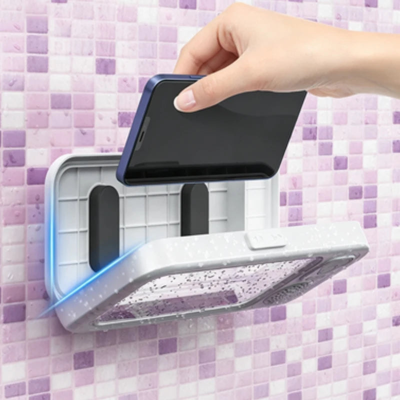 Waterproof Shower Phone Holder with 360° Rotating Bluetooth Speaker – Anti-Fog Wall Mount for 4-6.9" Smartphones