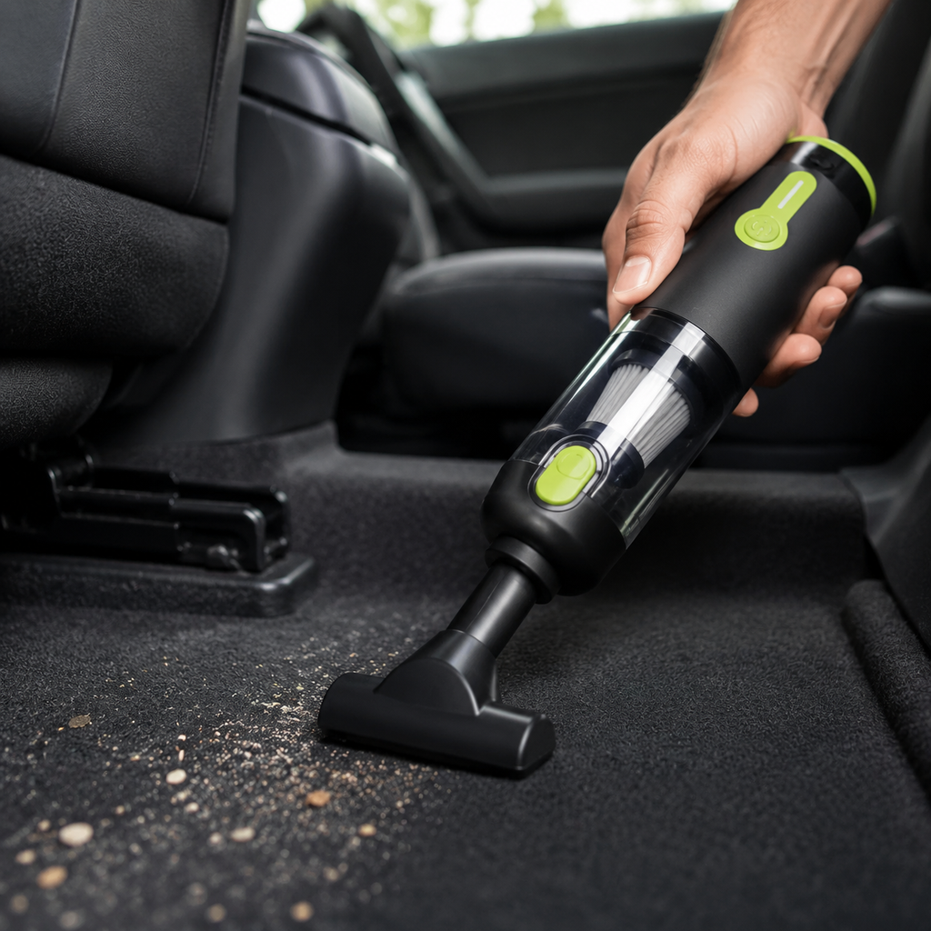 Cubey AirGrip cordless vacuum cleaning a car carpet