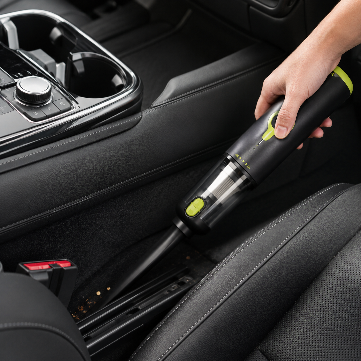 Cubey AirGrip cordless vacuum cleaning a car console