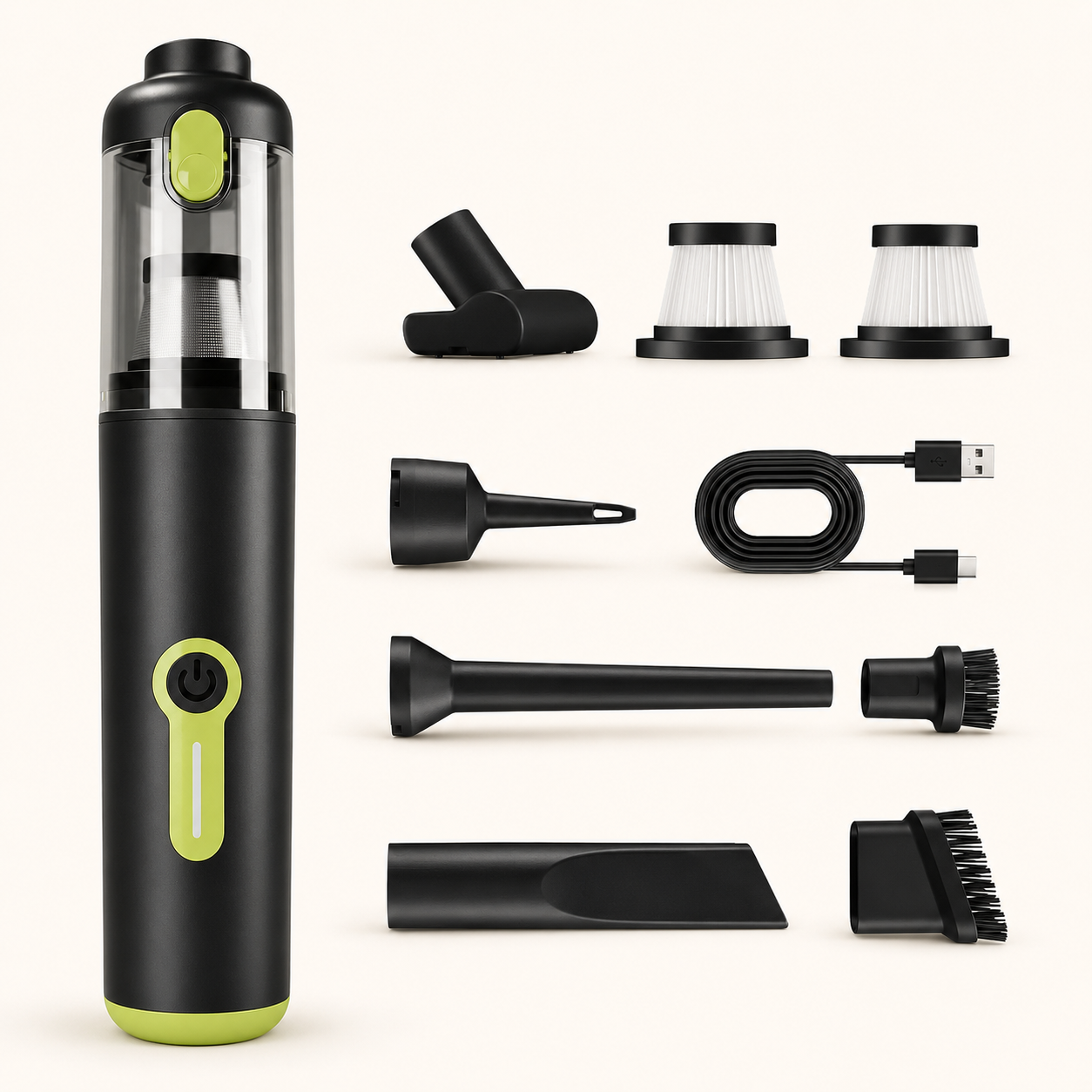 Cubey AirGrip cordless vacuum and included cleaning accessories