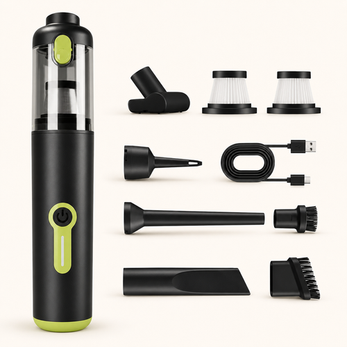 Cubey AirGrip cordless vacuum and included cleaning accessories