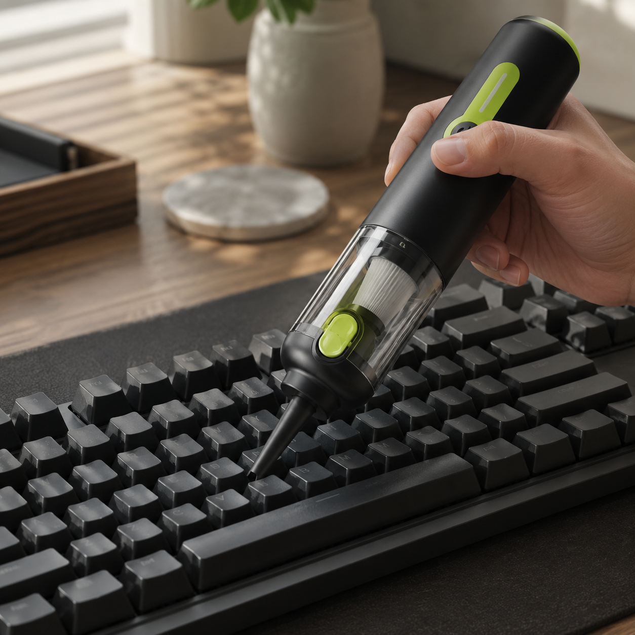 Cubey AirGrip cordless vacuum cleaning a keyboard