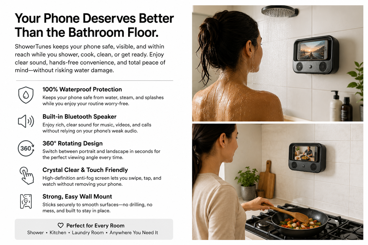 Cubey ShowerTunes waterproof phone holder infographic showing bathroom and kitchen use cases