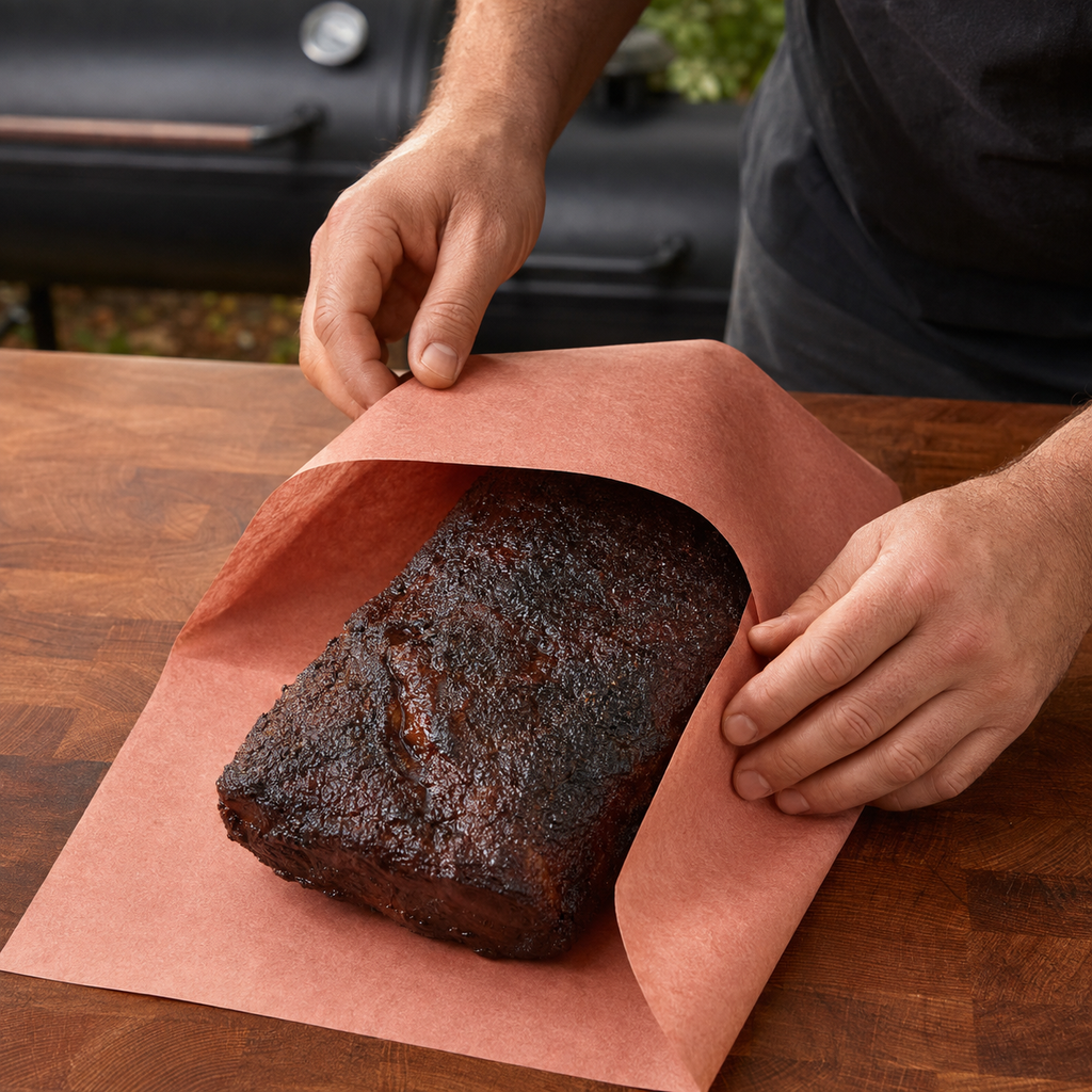 Cooked smoked brisket being wrapped in pink butcher paper