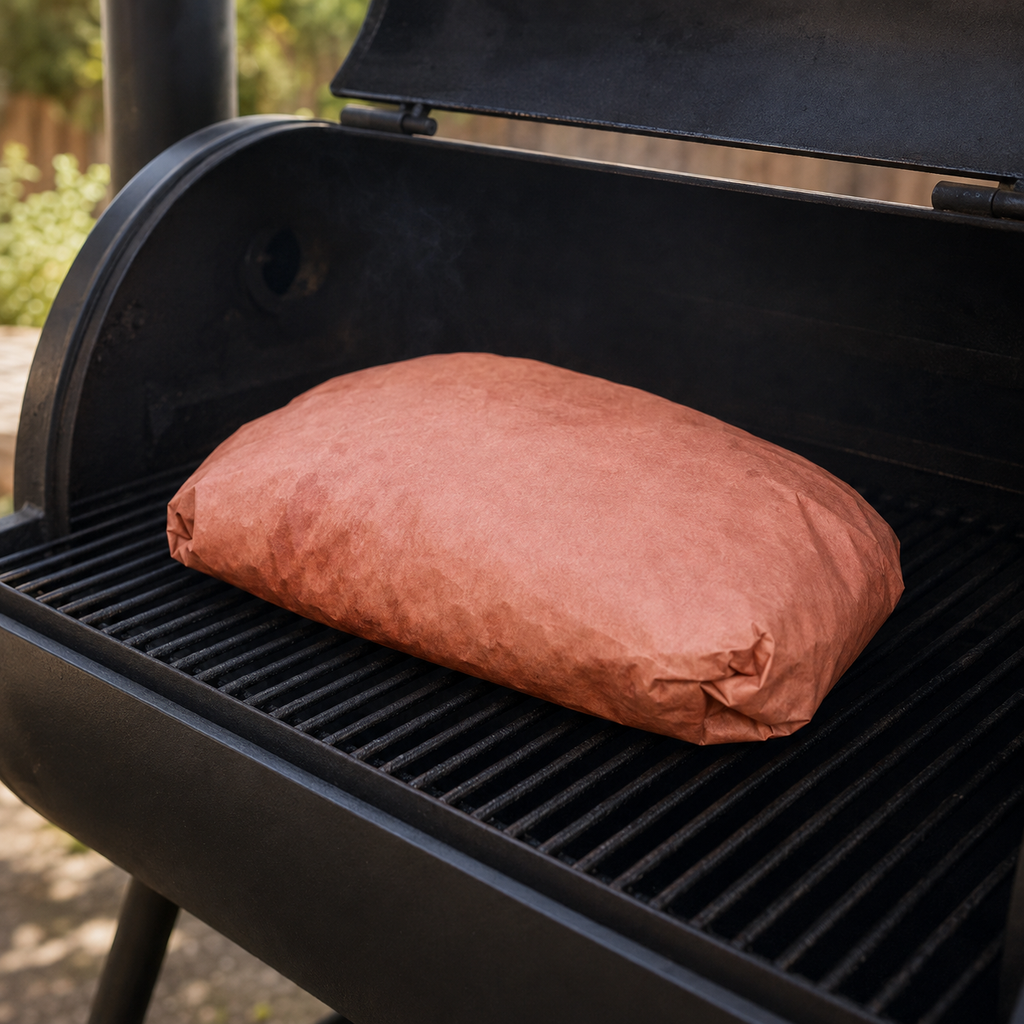 Brisket wrapped in pink butcher paper inside an open smoker