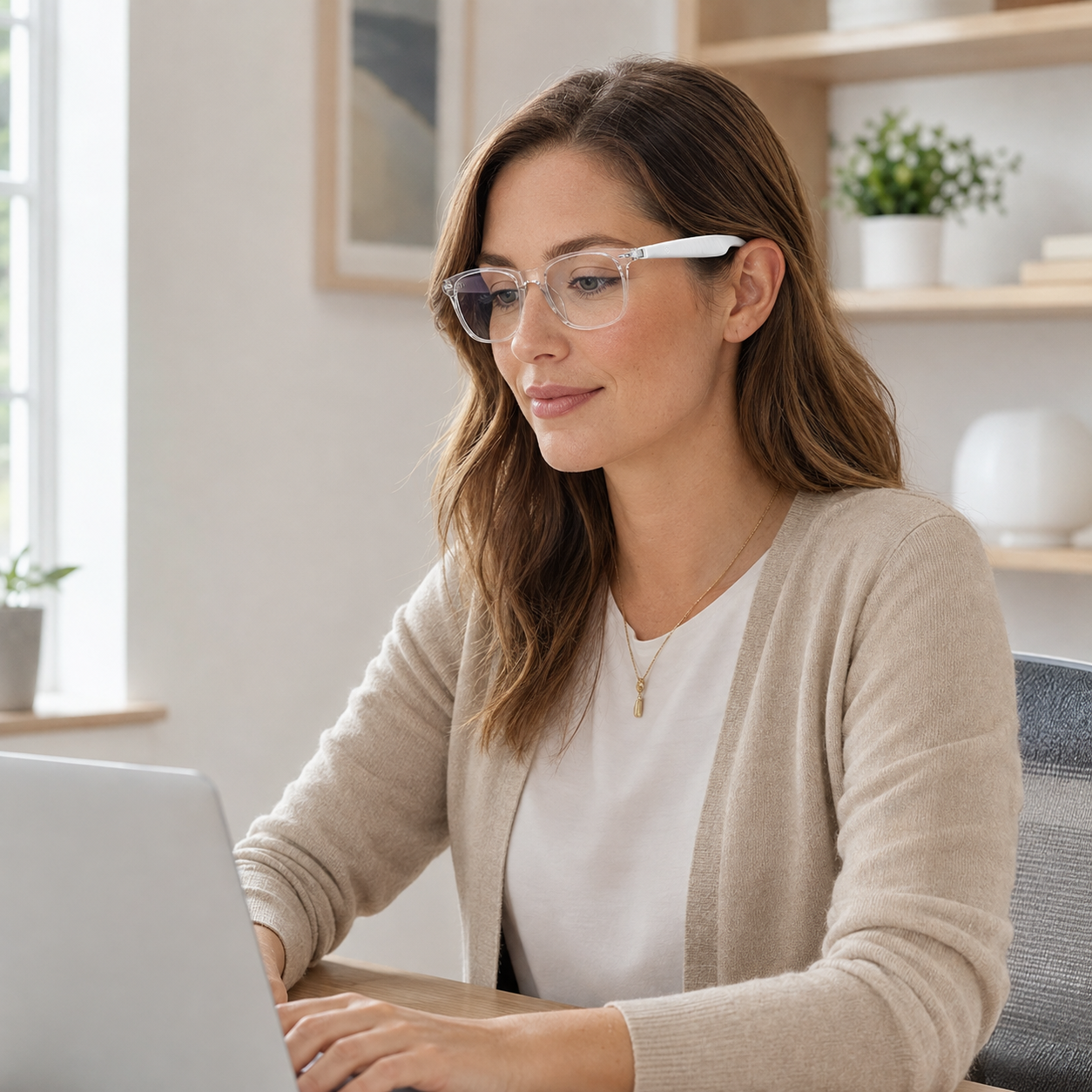Woman wearing Cubey SoundLens clear audio glasses while working