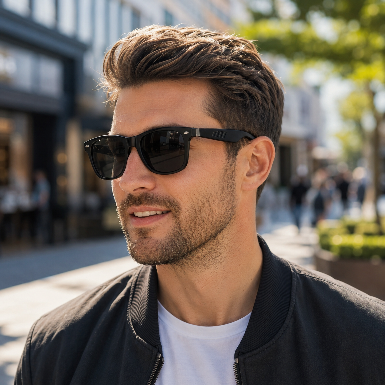 Man wearing Cubey SoundLens black audio sunglasses outdoors
