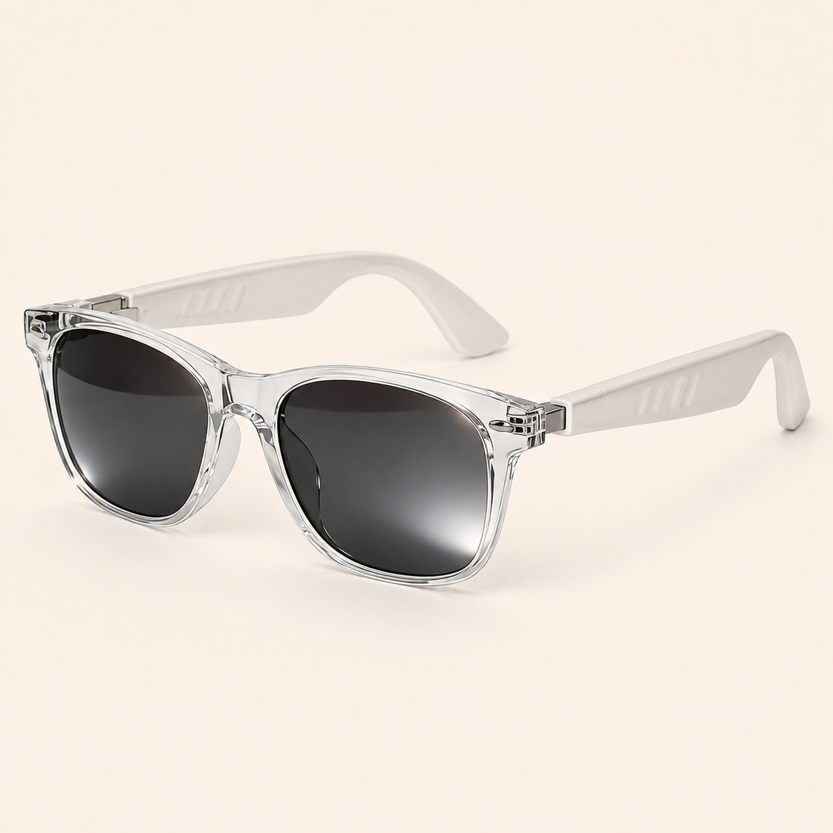 Cubey SoundLens transparent white frame with tinted sunglass lenses