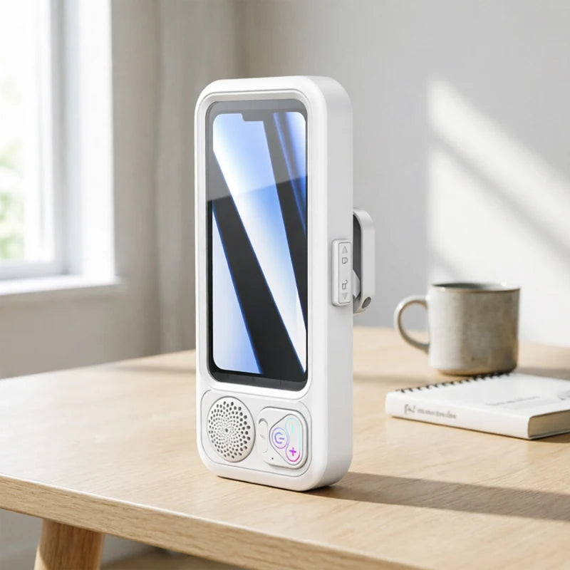 Waterproof Shower Phone Holder with 360° Rotating Bluetooth Speaker – Anti-Fog Wall Mount for 4-6.9" Smartphones