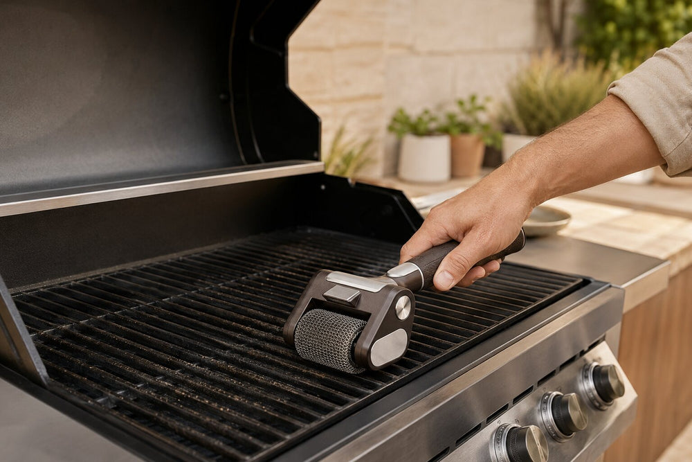 Cubey RoboScrub cleaning an outdoor grill during an everyday routine
