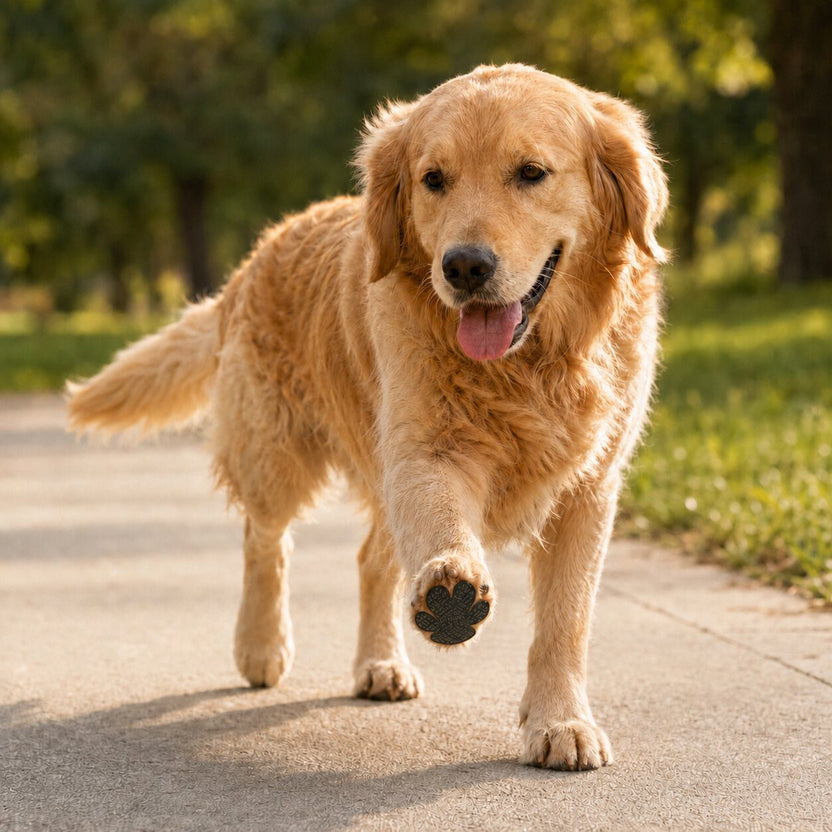 Dog walking outdoors with Cubey SafeStroll paw pads