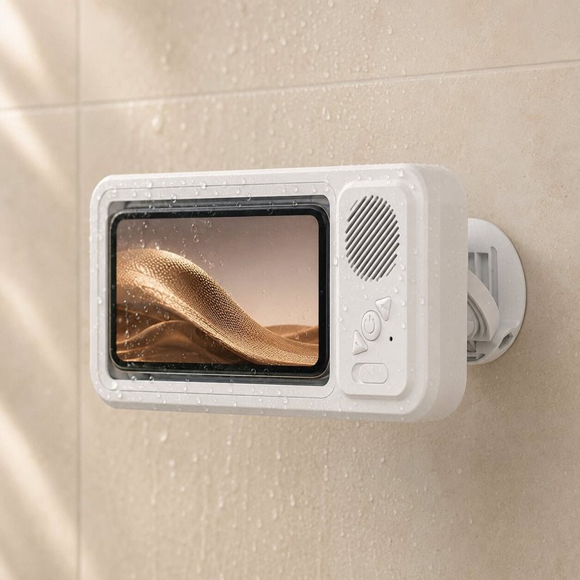 Cubey ShowerTunes holding a phone on a bathroom wall