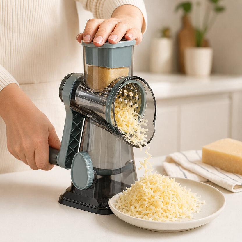 Cubey SliceMate grating cheese in a bright kitchen